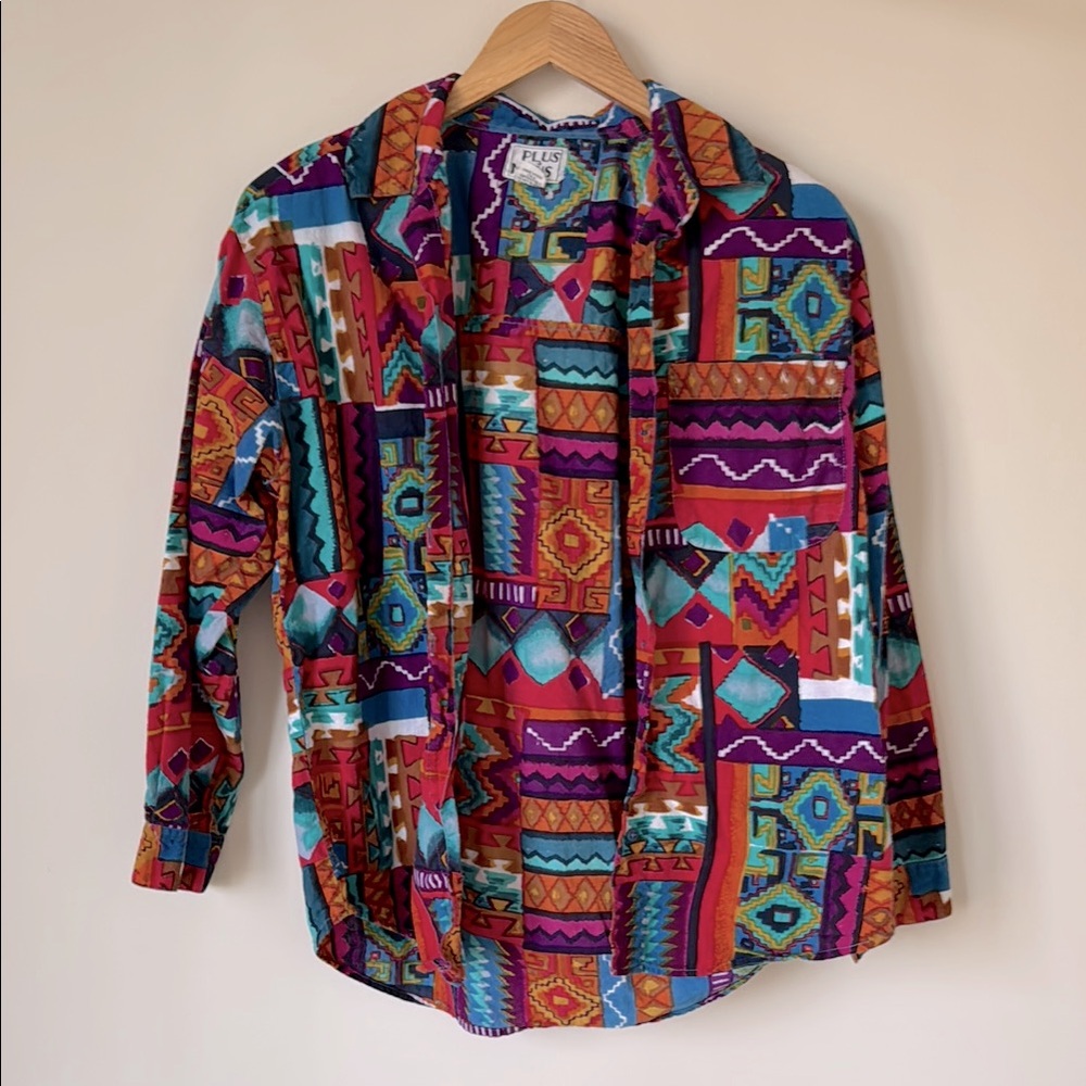 Vintage | 100% Cotton Abstract Geometric Southwestern Buttoned Long Sleeve Shirt